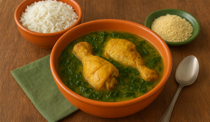 Foto da receita de frango servido num caldo de tucupi com folhas de jambu, tudo em uma tigela de barro laranja com acompanhamento de arroz e farinha de mandioca sobre a mesa
