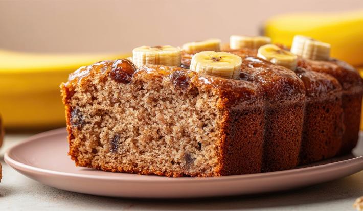 Fotografia de metade de um bolo de banana e uva passa com um pouco de mel por cima, feito em uma forma de bolo inglês. Está em um prato raso pequeno, sobre uma mesa branca. No fundo tem algumas bananas inteiras.
