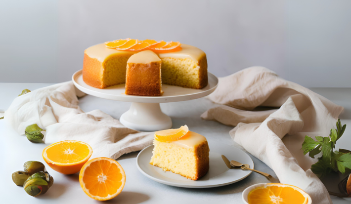 Um bolo dourado com cobertura brilhante e fatias de laranja no topo está sobre um prato branco. Uma fatia foi retirada e colocada em um pratinho com colher dourada ao lado. Há laranjas cortadas e azeitonas verdes ao redor.