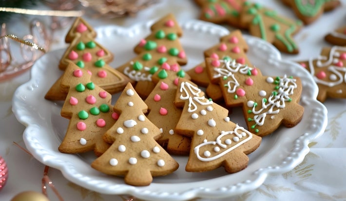 Em cima de uma mesa, prato redondo com biscoitos em formato de árvore de Natal, decorados com glacê branco, verde e rosa.
