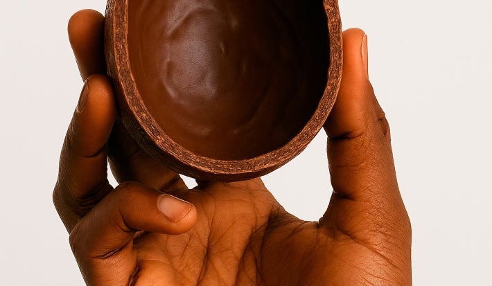 Fotografia em tons claros com um ovo de páscoa feito com chocolate meio amargo ao centro