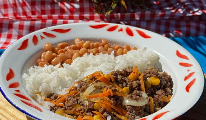 Fotografia em tons claros de um prato branco com detalhes vermelhos na borda. Dentro do prato tem arroz, feijão e a carne moída com legumes. O prato está sobre um pano azul, apoiado em uma toalha vermelha e branca, quadriculada.