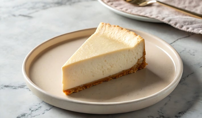 Fotografia da fatia da torta de creme de leite condensado em um prato de vidro claro raso.