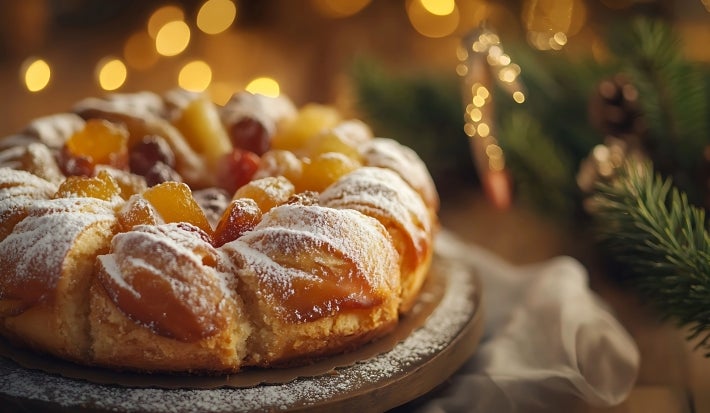Fotografia de um bolo tradicional de frutas, embelezado com frutas cristalizadas e polvilhado com açúcar de confeiteiro. O fundo desfocado com luzes douradas e ramos de pinheiro sugere um ambiente festivo.