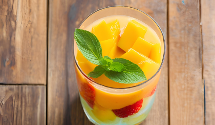 Fotografia de um copo de vidro com um refresco de frutas, com pedaços de frutas e por cima, folhas de hortelã. O copo está sobre uma mesa de madeira.