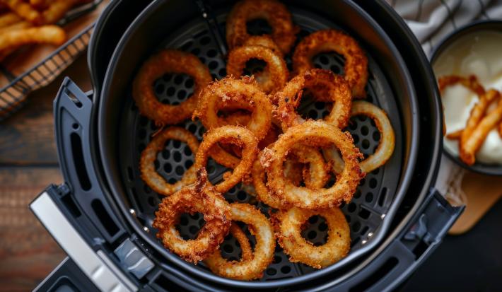 Fotografia vista de cima de várias onion rings dentro da cesta da air fryer, que está sobre uma mesa de madeira.