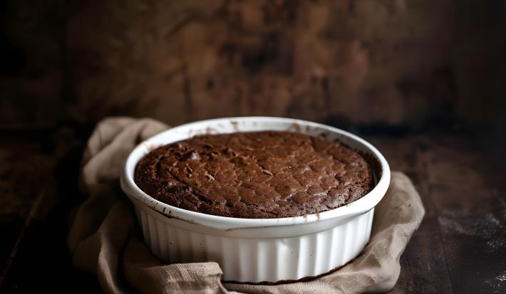 Fotografia de uma forma branca com bolo de chocolate sem glúten sobre uma mesa de madeira escura.