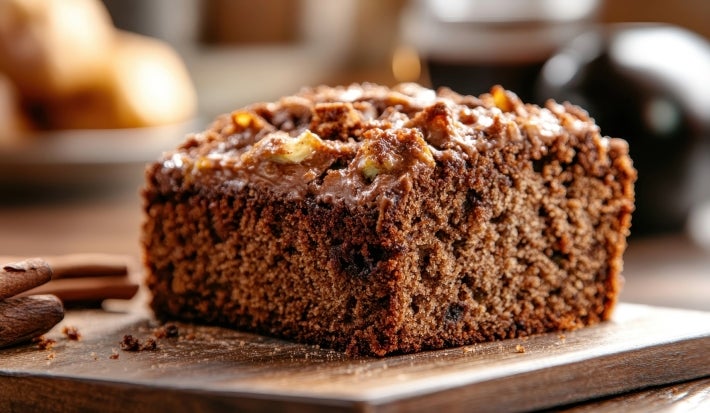 Fotografia de um pedaço de bolo denso e escuro, coberto com uma camada de chocolate ou caramelo, com pedaços visíveis de nozes ou frutas, em um cenário aconchegante com paus de canela.