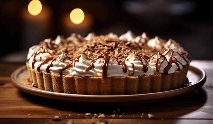 Em cima de uma mesa, banoffee com massa de biscoitos crocante, decorado com chantilly cremoso, polvilhado com raspas de chocolate.