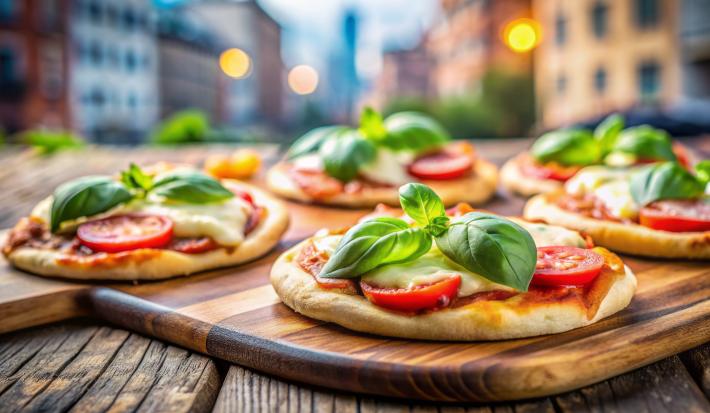 Fotografia de cinco unidades de mini pizza sobre uma tábua de madeira. As pizzas são de pão sírio aberto recheado com tomate cereja, presunto, rúcula e Requeijão NESTLÉ