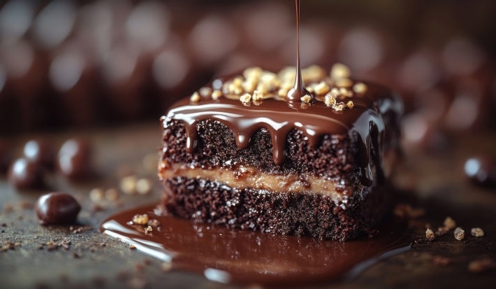 Fotografia de uma fatia de bolo de chocolate úmido, com recheio de caramelo e coberta por ganache brilhante. A superfície é adornada com granulado dourado e nozes, destacando-se em um fundo suavemente desfocado.