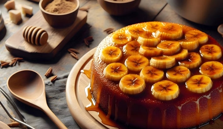 Bolo redondo com fatias de banana organizadas no topo, cobertas por uma calda espessa e brilhante de caramelo. O cenário é rústico, com utensílios de madeira, ingredientes como açúcar mascavo, mel e bananas ao fundo.