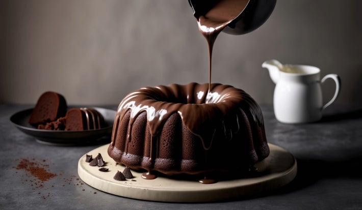 Bolo de chocolate em forma de bundt, colocado em uma tábua clara. Chocolate derretido escorre sobre o bolo, enquanto fatias estão dispostas em um prato preto ao lado. O cenário é elegante, com um jarro branco ao fundo.
