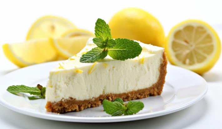 Fotografia de uma fatia de uma torta de limão raspas de limão siciliano e algumas folhas de hortelã por cima. a torta está em um prato branco de sobremesa, o qual está sobre uma mesa branca. Ao fundo tem alguns limões sicilianos.