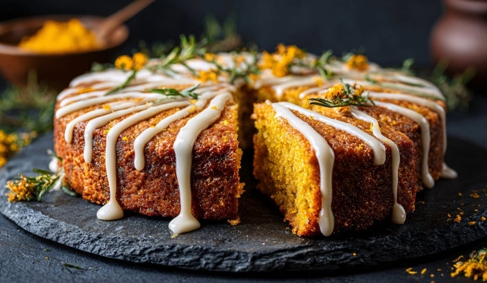 Fotografia de um bolo redondo com crosta dourada e interior amarelo, coberto com um generoso fio de cobertura branca, em um prato rústico. O fundo apresenta folhas de outono desfocadas.