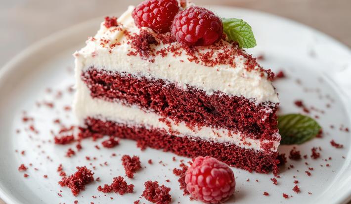 Fotografia de uma fatia de bolo red velvet sobre um prato branco raso de vidro com folhas de hortelã, farelo de bolo e algumas frutas framboesas.
