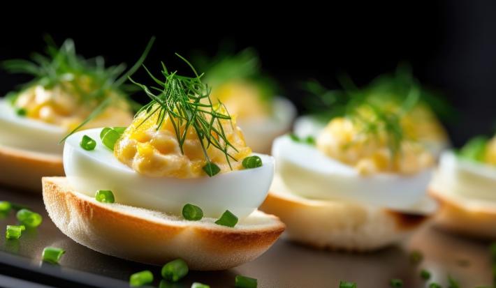 Fotografia de algumas unidades de canapés preparados com ovos de codorna e creme de leite com cebolinha por cima.