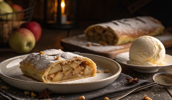 Fotografia em tons escuros de um prato raso de vidro sobre uma mesa de madeira escura. Sobre esse prato tem uma porção do strudel de maçã, ao lado tem uma bola de sorvete de creme generosa em um prato pequeno de vidro.
