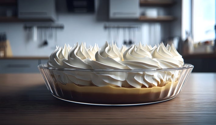 Fotografia de uma travessa de vidro redonda sobre uma mesa de madeira escura. Dentro do recipiente tem a sobremesa de banana e o merengue por cima.