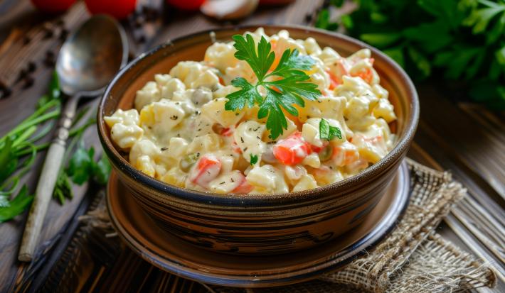 Fotografia de um recipiente fundo marrom com salada de maionese e uma folha de salsinha por cima. Ao lado do recipiente tem uma colher, ramo e talo de salsinha.