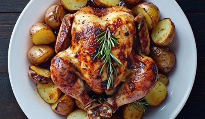 A imagem mostra um frango assado com batatas assadas a sua volta, sobre um prato branco