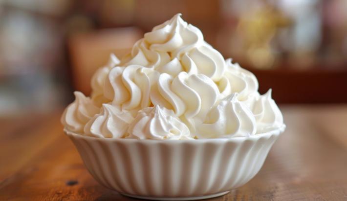 Fotografia de um recipiente de vidro fundo pequeno e branco sobre uma mesa de madeira. Dentro do recipiente tem uma receita de merengue suíço.