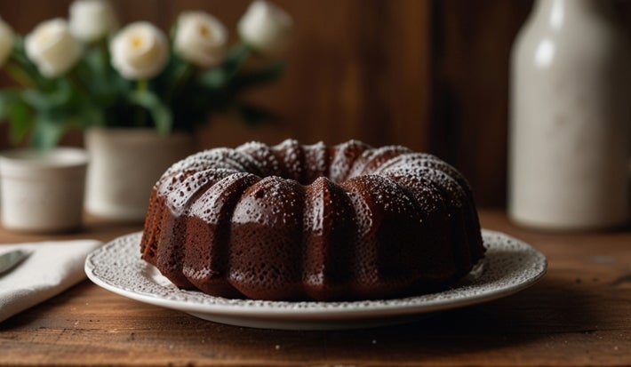 Fotografia de um bolo de chocolate em um prato decorativo, polvilhado com açúcar de confeiteiro. O cenário rústico inclui flores brancas e utensílios, transmitindo um ambiente acolhedor e elegante.