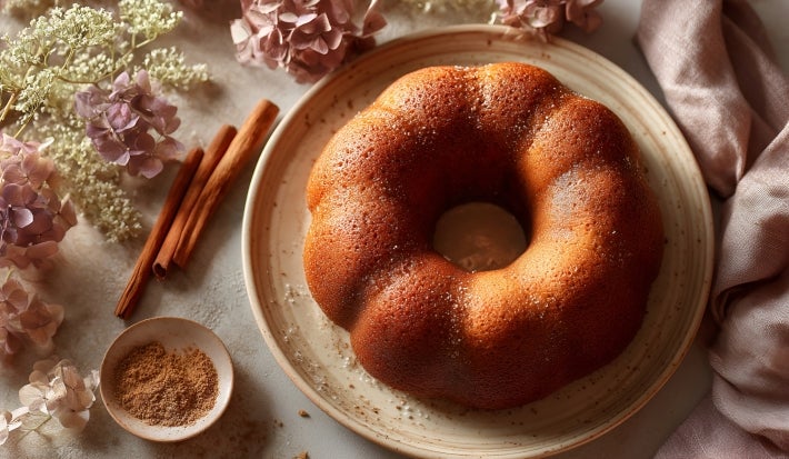 Fotografia de um bolo bundt em um prato cerâmico bege, decorado com flores secas e canela. A composição é elegante, com um pano mauve ao lado.