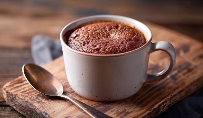 Imagem de uma caneca clara sobre uma tábua de madeira com o bolo de Nescau e uma colher ao lado.