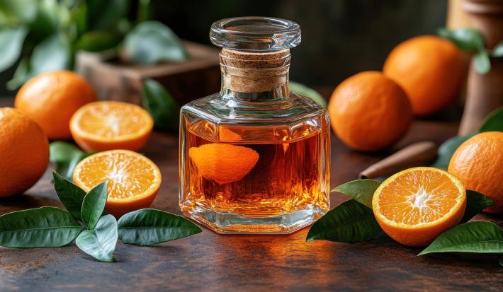 Fotografia de uma minigarrafa decorativa de vidro com licor de laranja. Ao redor tem algumas metades e unidades inteiras de laranja sobre uma mesa de madeira escura.