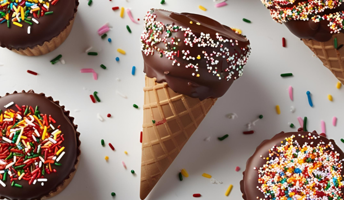 Fotografia mostra diversas casquinhas de sorvete banhadas parcialmente no chocolate e confeitos coloriodos.