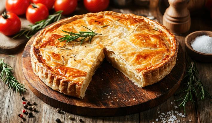 Fotografia em tons de marrom com uma tábua de madeira ao centro. Em cima da tábua existe uma receita de empadão de bacalhau recheada com um creme de bacalhau com queijo