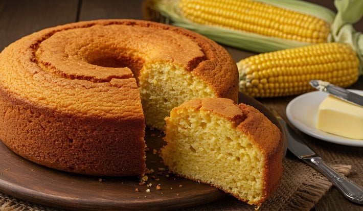 Fotografia de um bolo de milho bem assado, com crosta dourada e interior úmido. Acompanha uma fatia cortada e, ao fundo, espigas de milho frescas e um prato com manteiga.