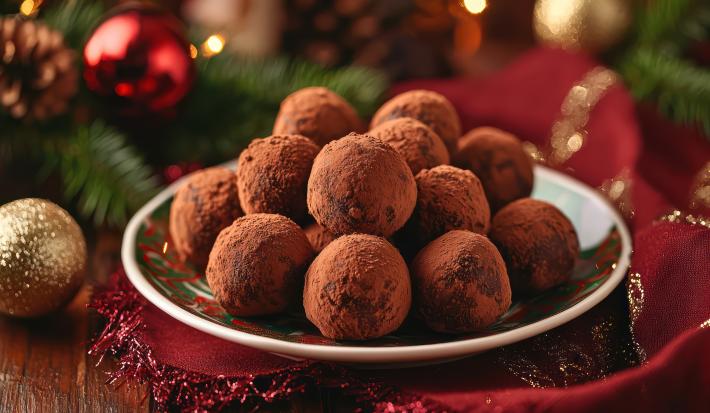 Trufas de panetone decoradas com uma camada fina de chocolate, polvilhadas com cacau em pó.
