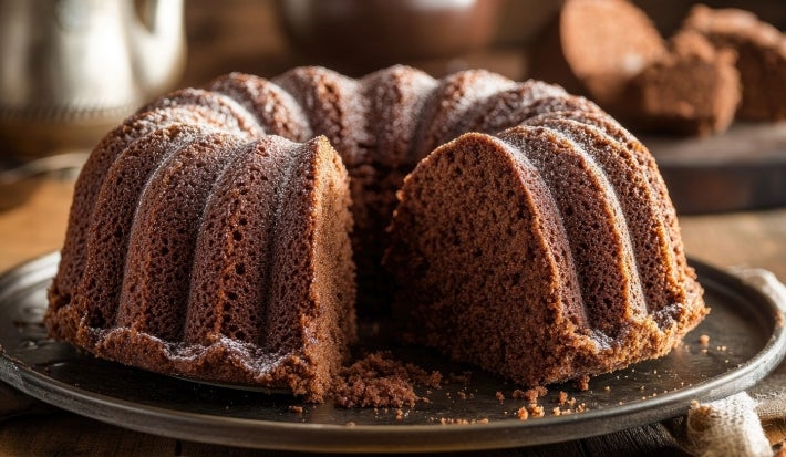 Bolo de chocolate bundt em um prato de metal escuro, com uma fatia cortada que revela seu interior macio. Polvilhado com açúcar de confeiteiro, o bolo é destacado por um fundo de mesa de madeira e um bule prateado.