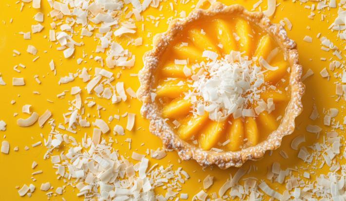 Fotografia vista de cima de uma torta tipo quiche com recheio cremoso de Leite MOÇA, suco de laranja e coco. A tortinha está sobre uma mesa amarela, e salpicada de pequenas lascas de coco.
