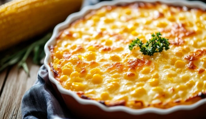 Em cima de uma mesa, recipiente de porcelana redondo com queijo gratinado.