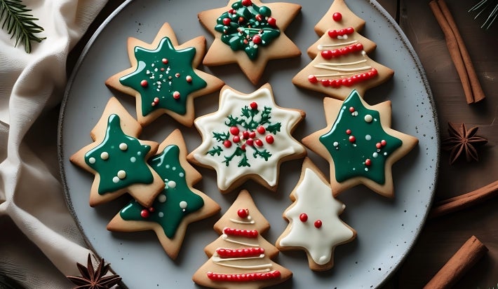 Em cima de uma mesa, prato redondo em com biscoitos em formatos de estrelas e árvore de Natal, decorado com glacê colorido.