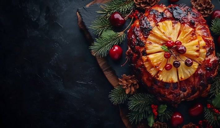 Imagem de tender bolinha em cima de uma mesa, decorado com fatias de abacaxi assado, cerejas e galhos de pinha.