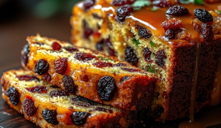 Fotografia de um close de um bolo de frutas, densamente recheado com uvas-passas e outras frutas secas. A superfície brilhante destaca a textura rica, enquanto o interior úmido contrasta com uma cobertura dourada e úmida.