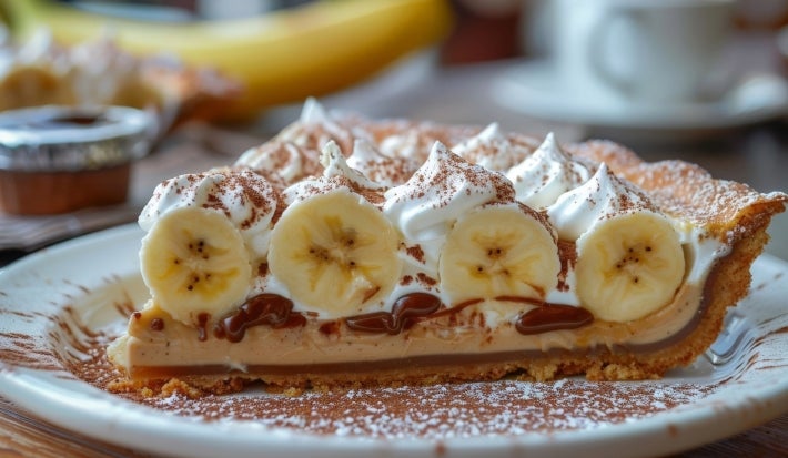 Em cima de uma mesa, fatia de banoffee com massa de biscoitos crocante, doce de leite, bananas em rodelas, decorado com chantilly cremoso e polvilhado com canela em pó.