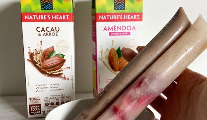 Foto dos geladinhos plant based servidos em um pote de porcelana branca com as embalagens de bebida vegetal nature's heart cacau e arroz e amêndoa