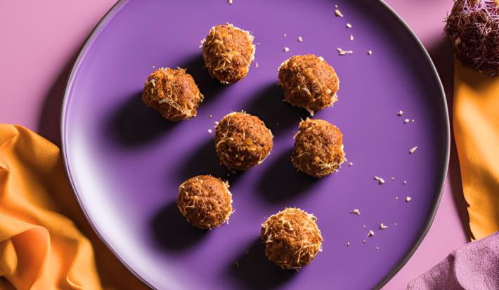 Fotografia em tons de roxo com um prato roxo ao centro. Dentro do prato existe pequenas trufas de cenoura com uva passa cobertas com coco ralado