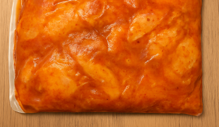 Fotografia de um saco plástico com 500g de frango disposto em uma marinada picante