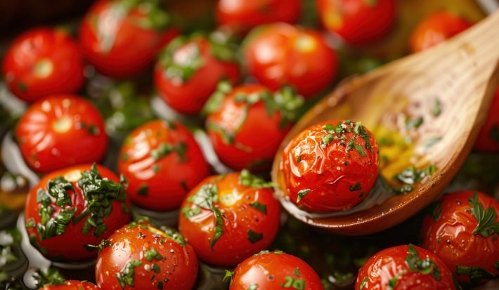 Fotografia de vários tomatinhos cereja confit juntos com bastante azeite e salsinha picada em uma assadeira preta. A imagem mostra uma colher de madeira segurando um dos tomatinhos com azeite.