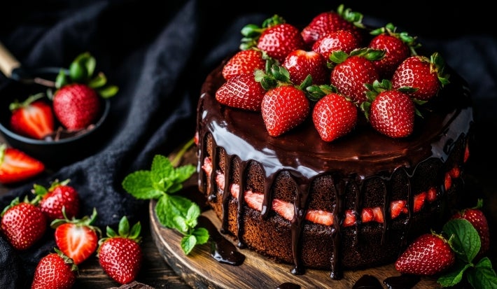 Bolo de chocolate rico, com ganache escorrendo pelas laterais, decorado com morangos inteiros e folhas de hortelã. Colocado em uma tábua de madeira rústica, o bolo é embelezado por morangos e pedaços de chocolate ao redor.