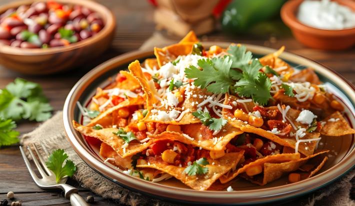 Fotografia em tons de marrom e laranja com um prato fundo ao centro. Em cima do prato existe uma receita mexicana de nachos com carne, queijo e milho.