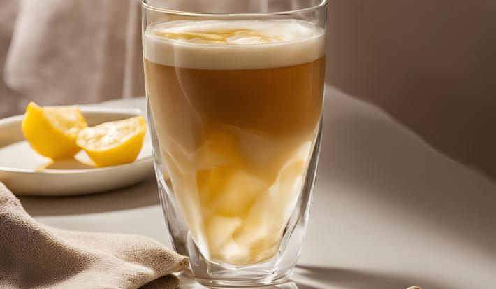 Fotografia em tons de branco e caramelo com um copo de vidro ao centro. Dentro do copo existe uma receita de chá mate com leite Ninho Adulto