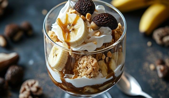 Em cima de uma mesa, taça com camadas de massa de biscoitos, doce de leite, chantilly e bananas picadas em rodelas.
