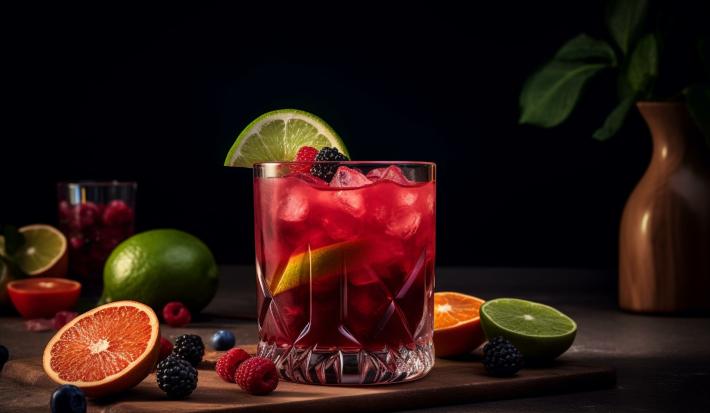 Foto da receita de Caipirinha de Frutas Vermelhas Sem Álcool. Observa-se um copo baixo e largo com a bebida dentro cheia de gelo. Frutas vermelhas e limões decoram a foto.